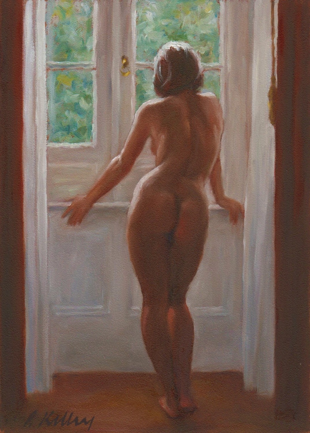 Nude with Red Curtains